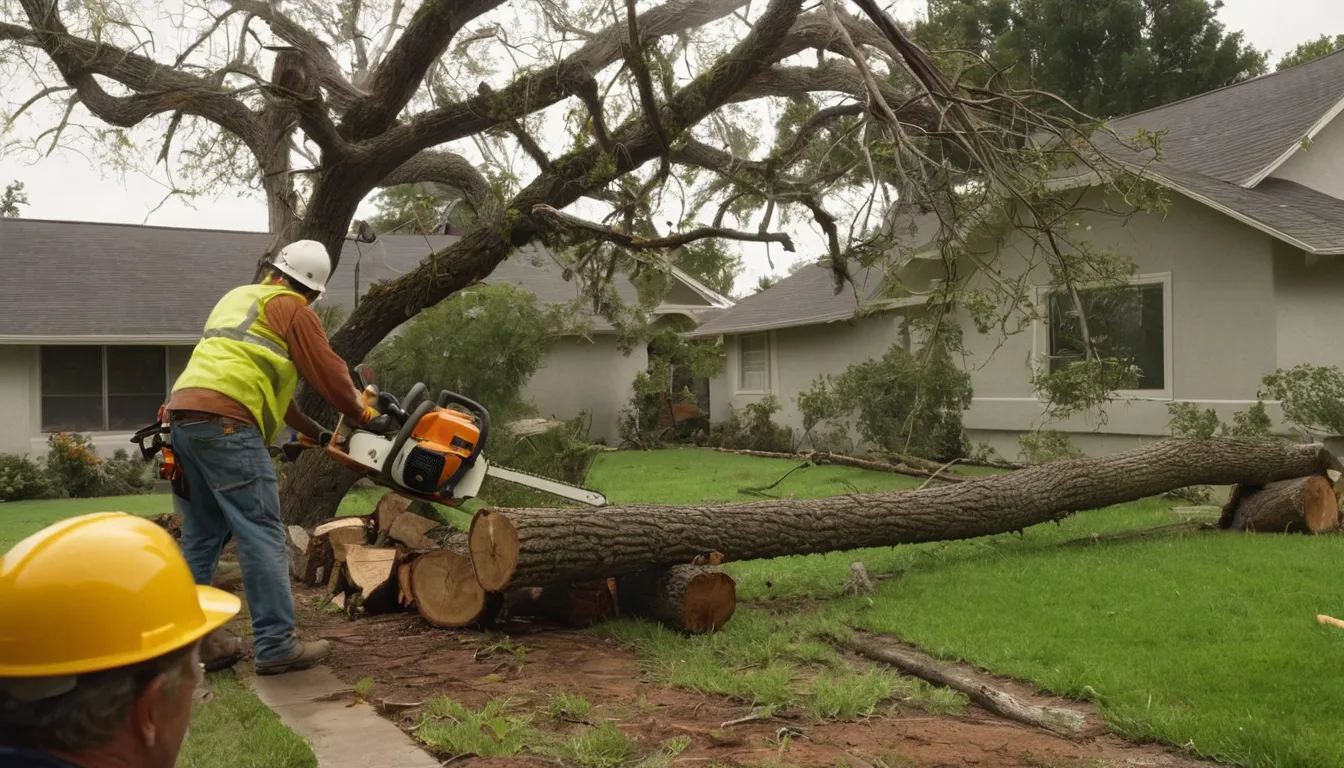 A local tree removal provider cutting a fallen tree off a fence in a Beaumont backyard